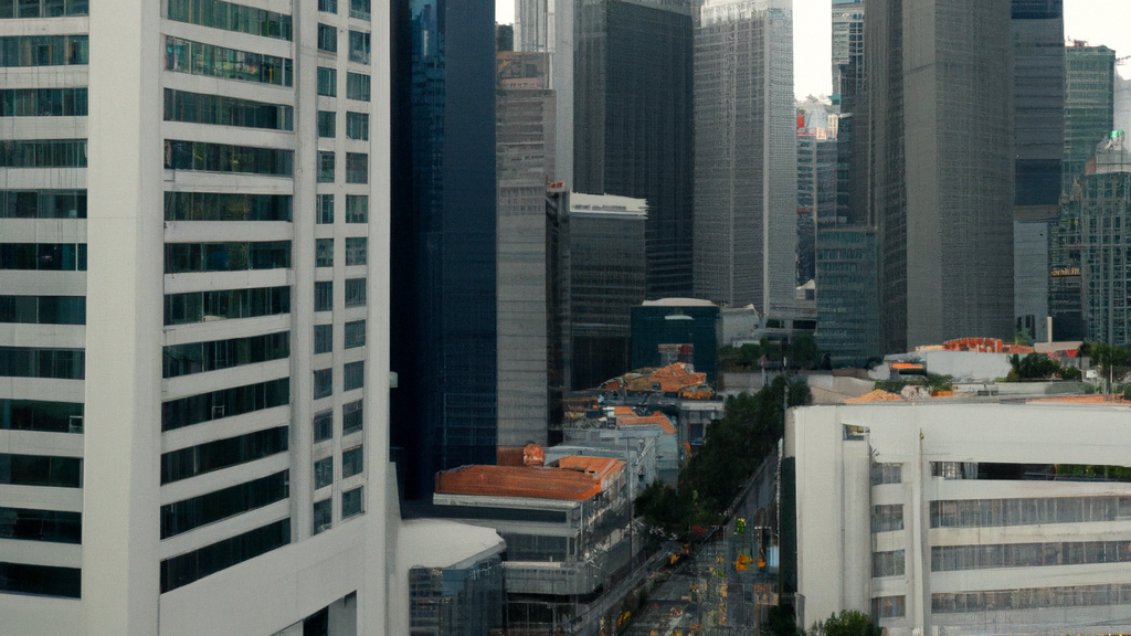 A cityscape, with tall skyscrapers and a street scene